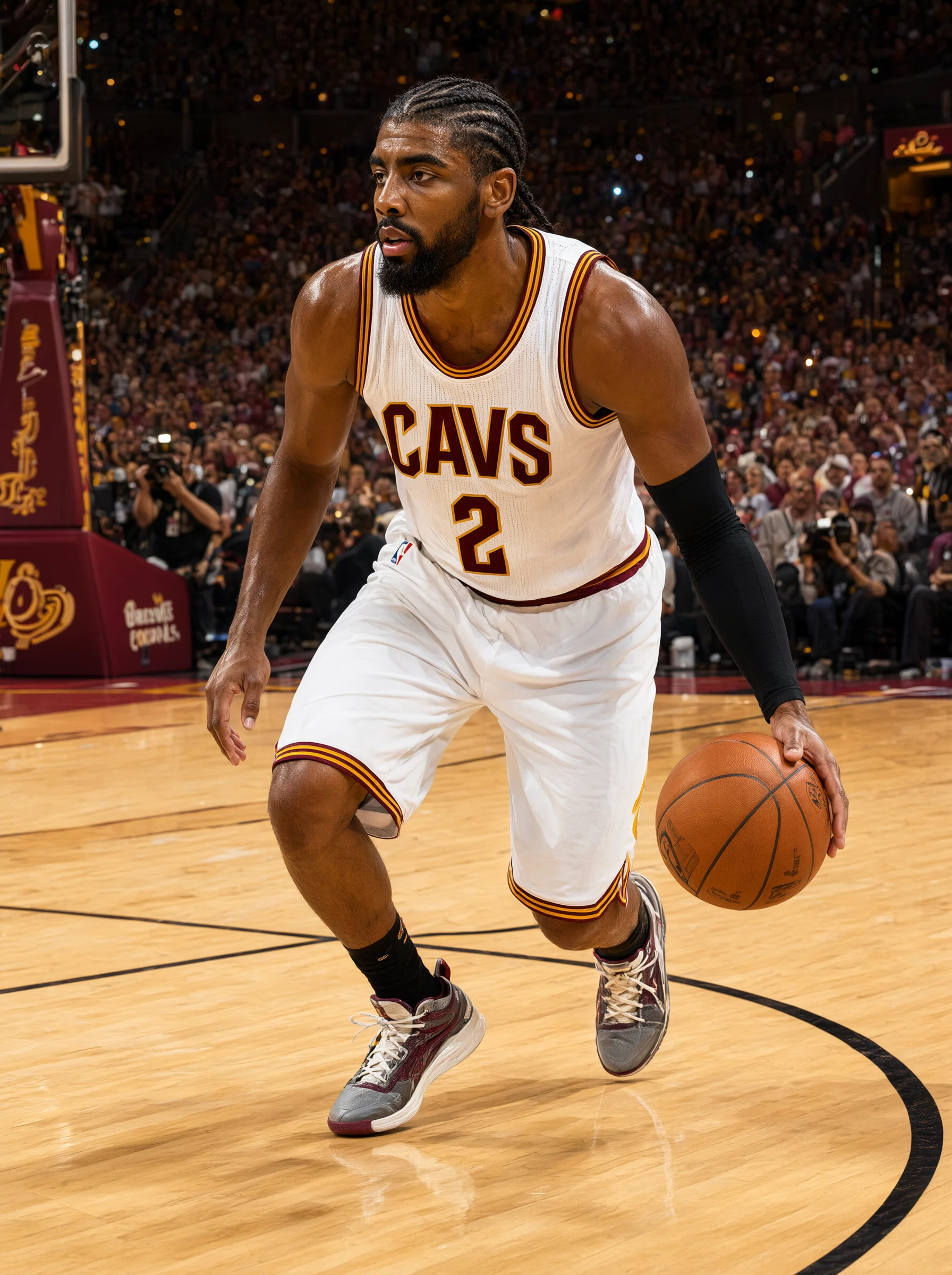 梳辫发、留胡须的男篮球运动员身穿白色"CAVS"2号球衣，左臂戴黑色护臂，在木地板球场上低重心左手运球；背景是坐满观众与摄影师的球馆，场边带酒金色装饰。