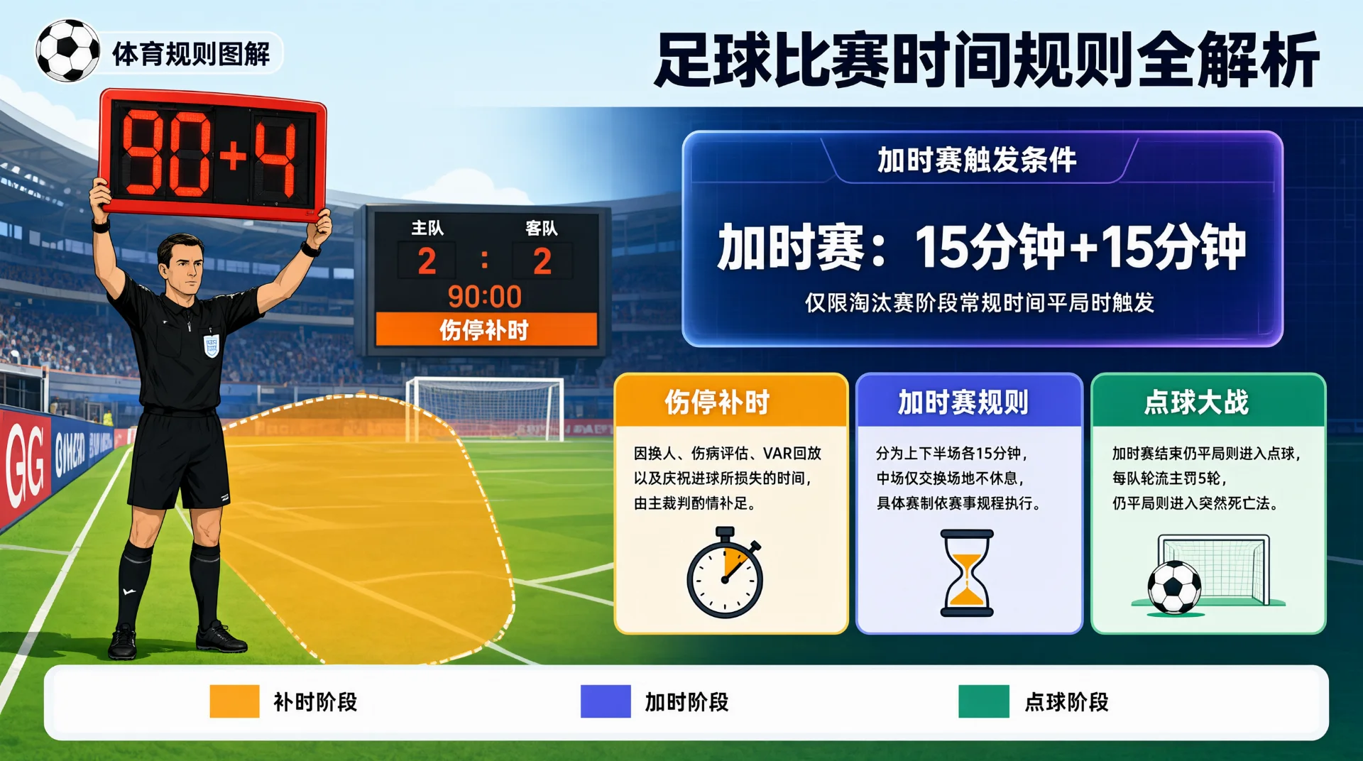 足球图解：裁判高举"90+4"电子补时牌，记分牌显示2:2伤停补时；右侧信息框注明加时赛15分钟+15分钟，下方三色板块介绍伤停补时、加时赛规则与点球大战。