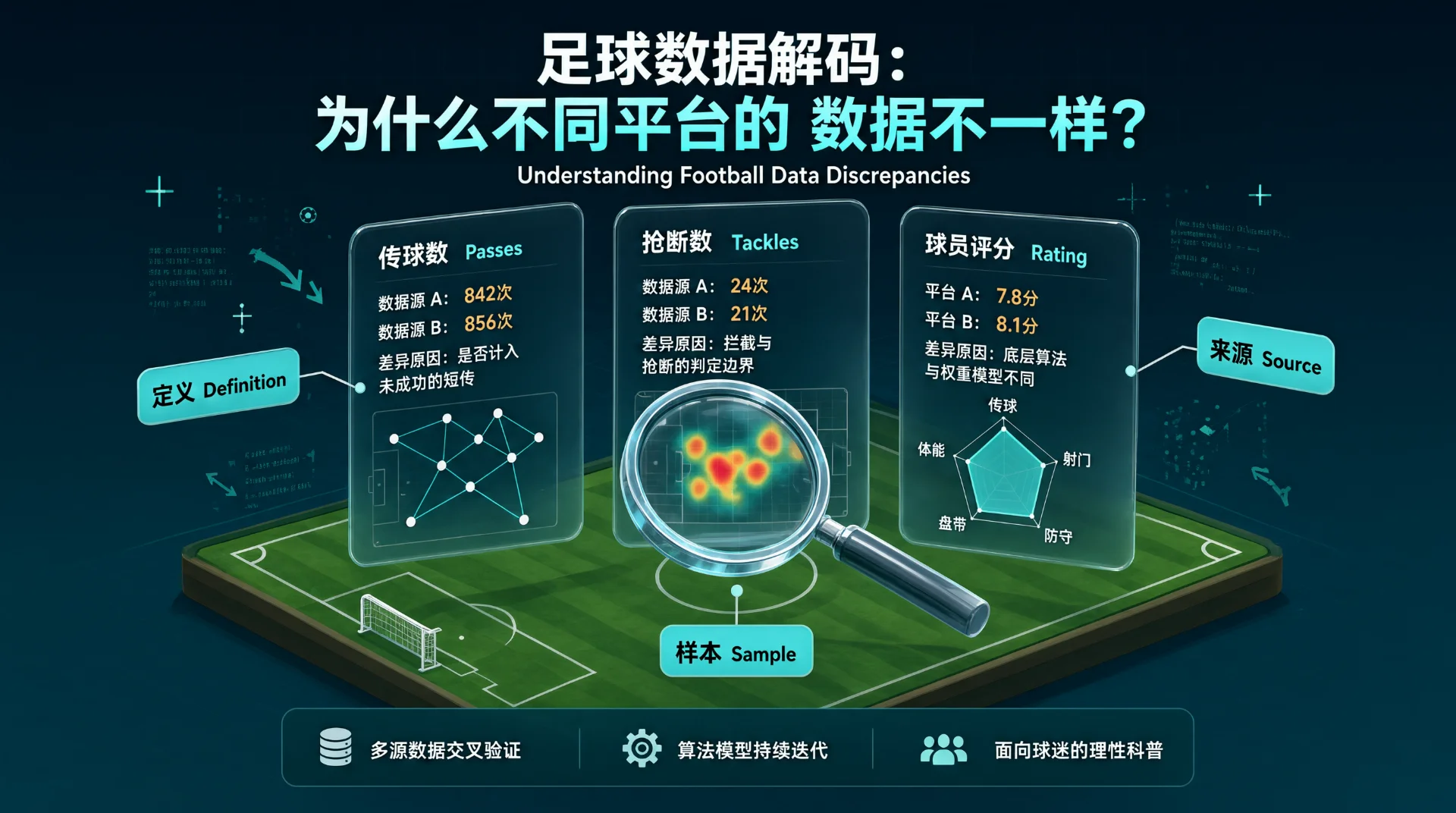 插画标题问“为什么不同平台的数据不一样？”：足球场上三块屏显示传球、抢断、评分的各来源数值差异，放大镜罩住热力图，旁标“定义”“来源”“样本”。